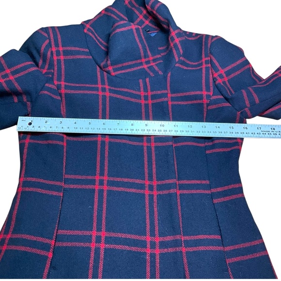 H&M Wool Blend Plaid Navy and Red Funnel Neck Blazer Snap Closure Belt Loops 4 - Picture 5 of 11
